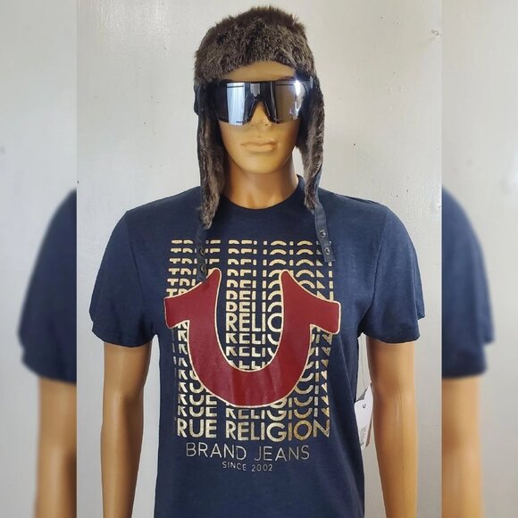 TRUE RELIGION FAUX FUR TRAPPER AVIATOR HAT STITCHED WITH PATCH ICONIC LOGO BLUE - Picture 6 of 6